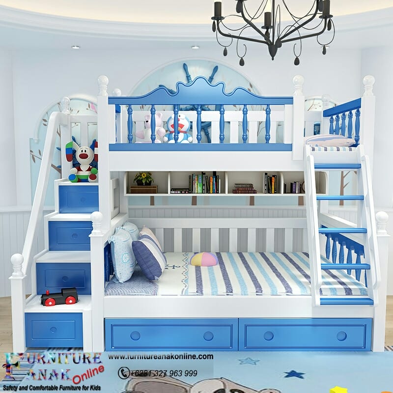 tempat tidur susun biru putih